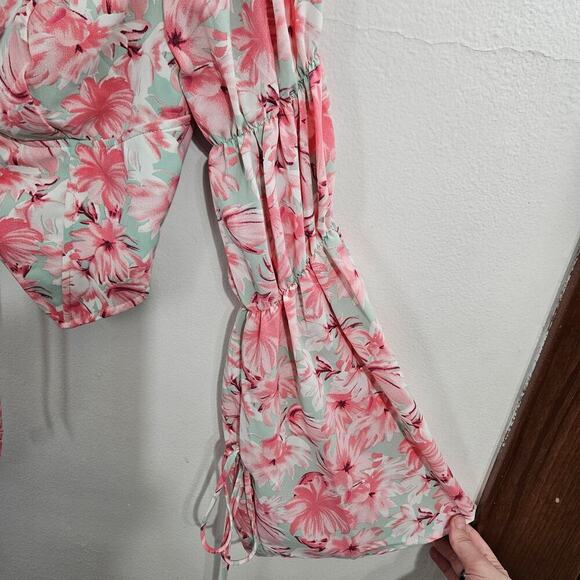 Floral Pink Puff Long Flare Sleeve Self Tie Front Crop Corset Top. Size Large - Picture 3 of 10